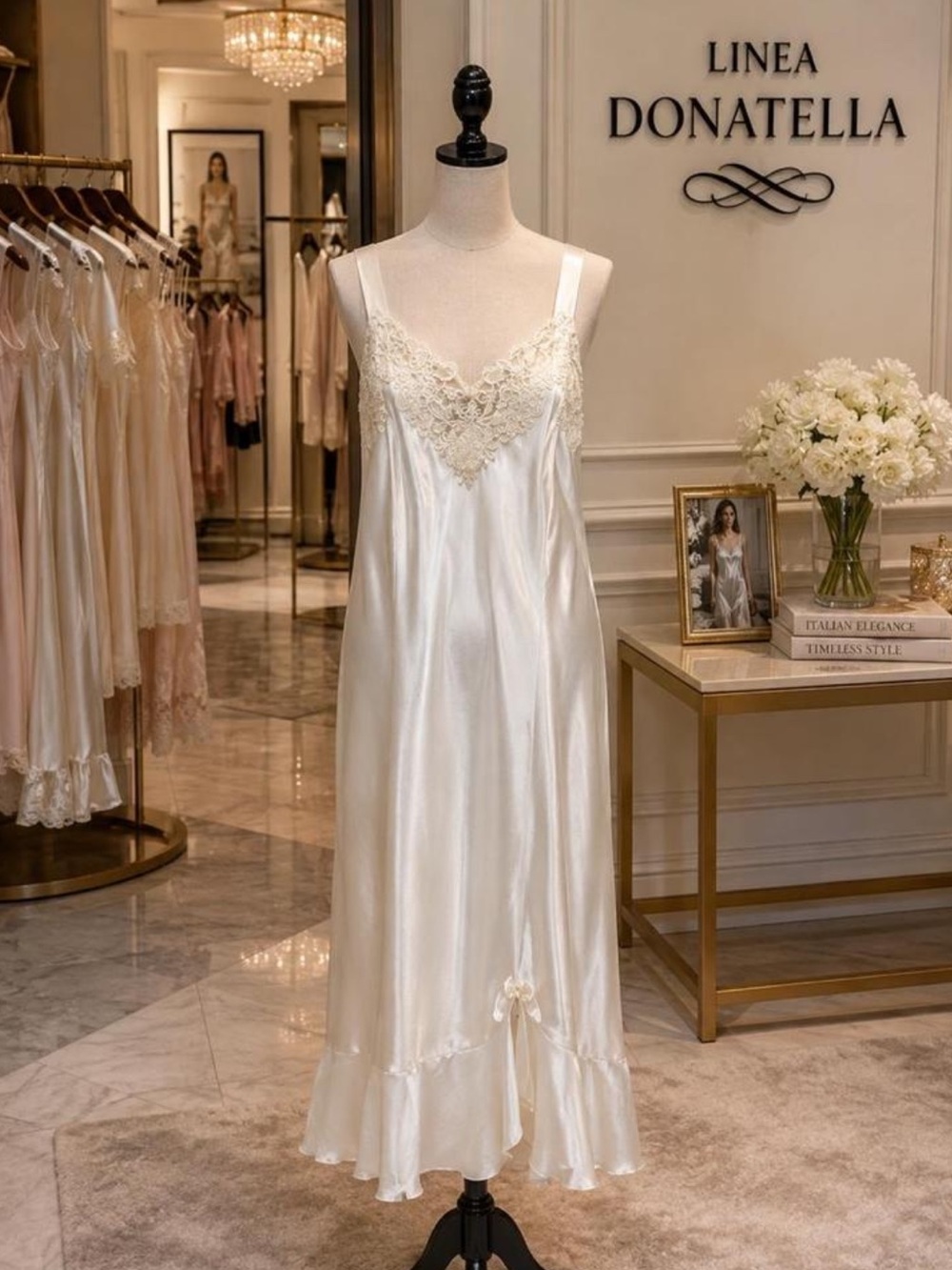 Vintage 1990’s Linea Donatella Cream Satin Lace Slip Nightgown